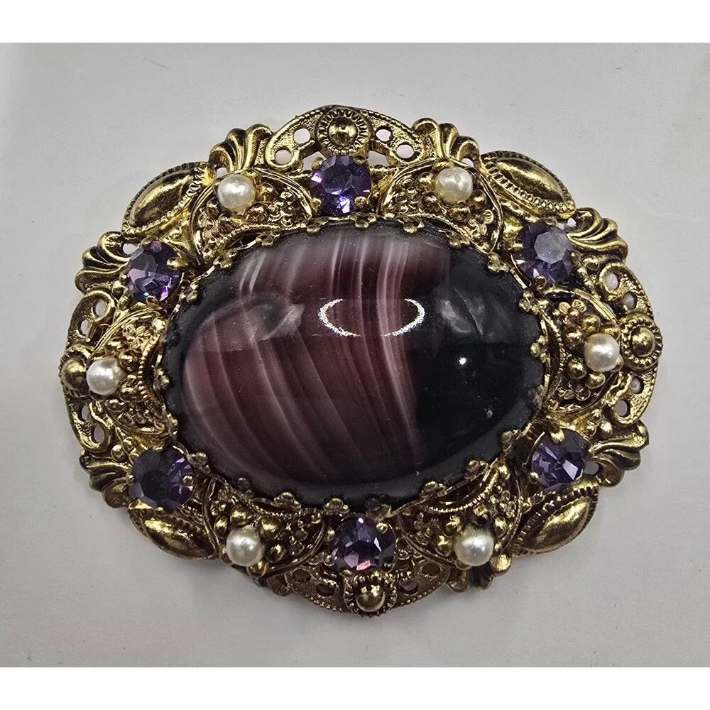 Vtg Ornate Gold Tone Filigree Brooch Purple Slag Glass Cabochon Pearl Rhinestone